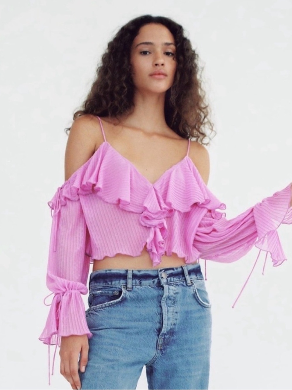 Zara Pink Ruffle Off-Shoulder Crop Top